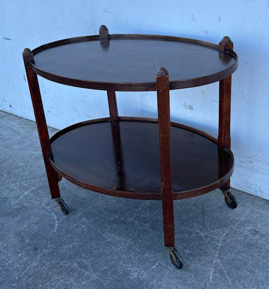 Antique Dark Wood Round 2-tier Bar Cart Teak Serving Trolley