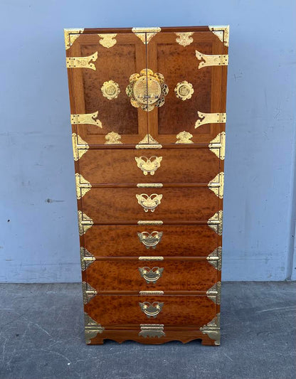 Large Vintage Korean Burl Wood Chinoiserie Tall Narrow Cabinet