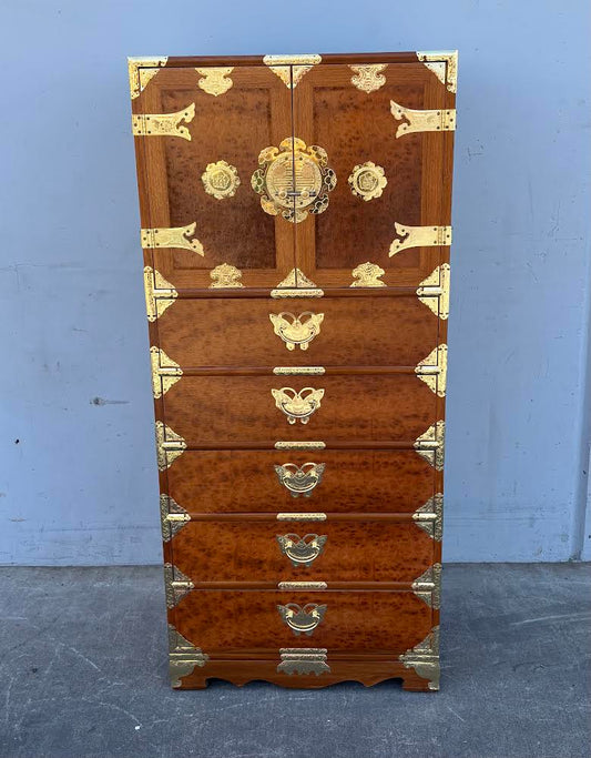 Large Vintage Korean Burl Wood Chinoiserie Tall Narrow Cabinet