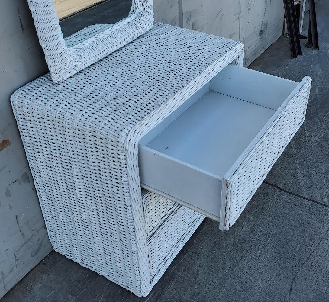 white wicker dresser with mirror