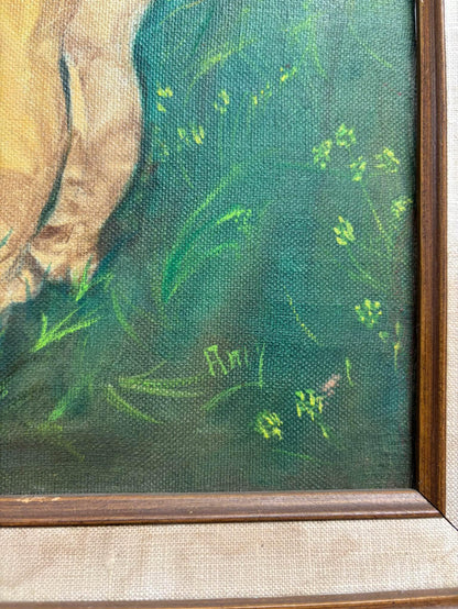 “Little Kid Feeding Cow” oil Framed Painting