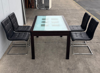 dining set extendable table with frosted glass top and 4 black chairs