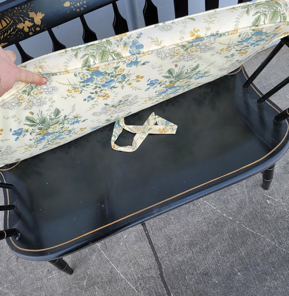 vintage settee Nichols & stone co. Black Hitchcock style bench floral cushion Stenciled Windsor