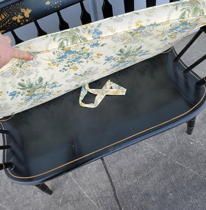 vintage settee Nichols & stone co. Black Hitchcock style bench floral cushion Stenciled Windsor