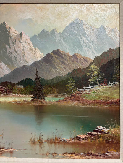Mountains Landscape with River signed Oil Painting