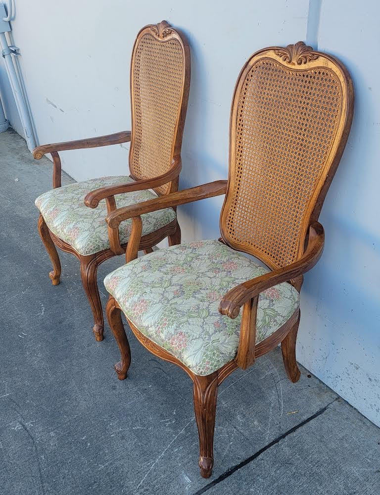Wicker/cane high back armchairs (2) floral cushion vintage