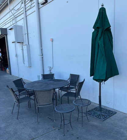 Black Metal Outdoor Round Table With 6 Chairs 2 Small Tables and 1 umbrella