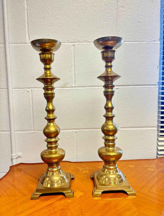 Pair of Antique Brass Victorian English Candle Stand Holders