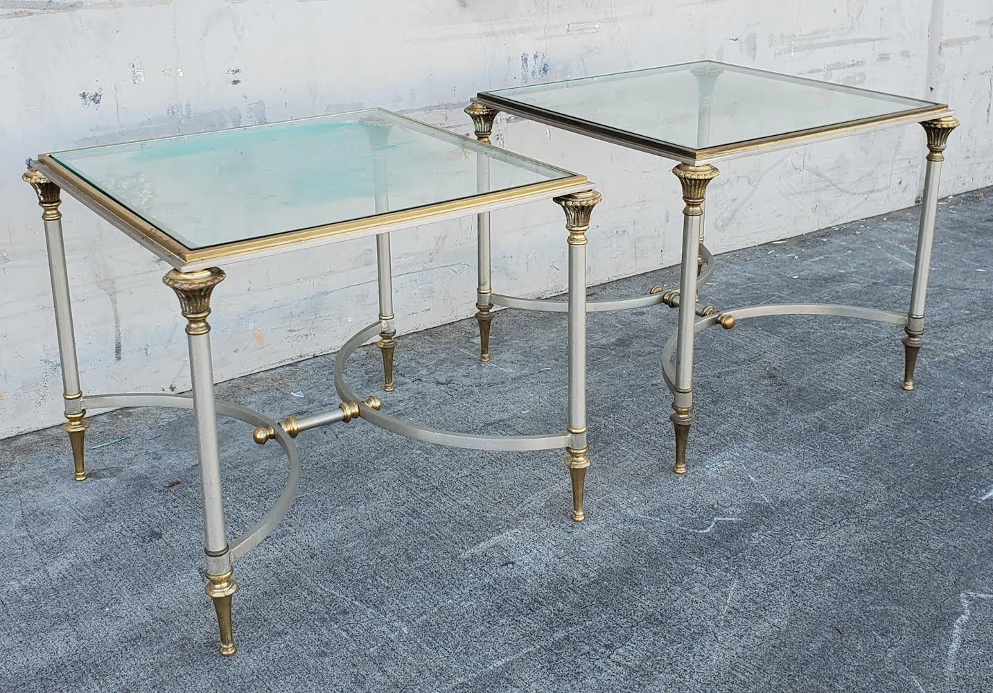 vintage/midcentury maison jansen style brass/sliver glass top end/side tables (2)
