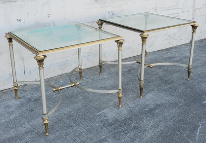 vintage/midcentury maison jansen style brass/sliver glass top end/side tables (2)