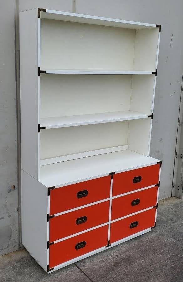 White bookcase/bookshelf with 6 red drawers cabinet