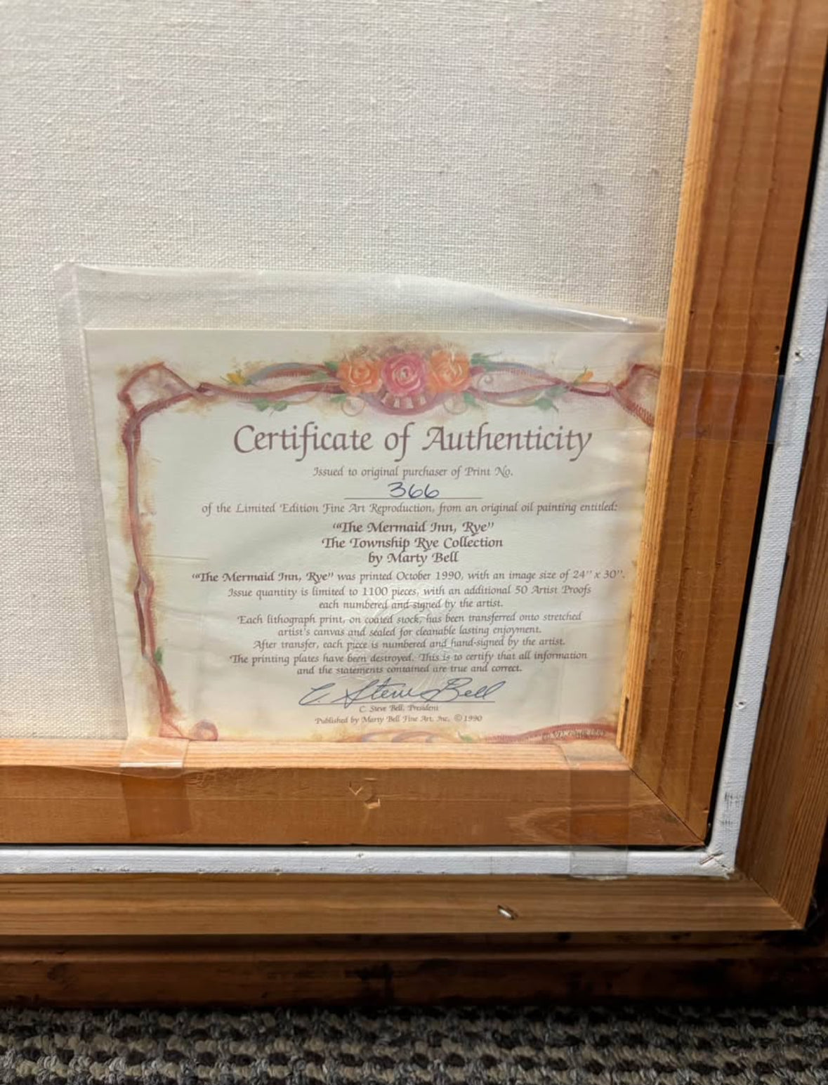 Framed Art Vintage 1990 Mermaid Inn Rye Marty Bell Certificate/Certified