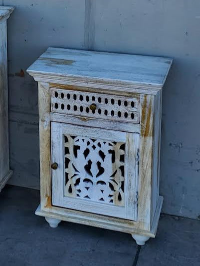 White/off white distressed nightstand/bedside table/cabinet carved wood