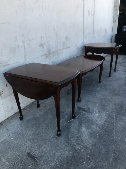 dark wood 3 piece living room set coffee table, 2 end/side tables (1 w/drawer, 1 w/drop leaf)