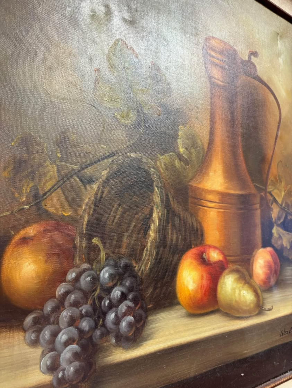 Vintage Oil painting Still Life Vase With Basket Of Fruit Signed by “Walt”