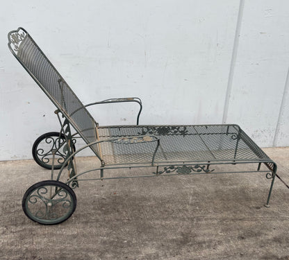 Vintage Wrought iron flower patter garden chaise lounge chair with wheels