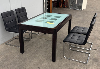 dining set extendable table with frosted glass top and 4 black chairs