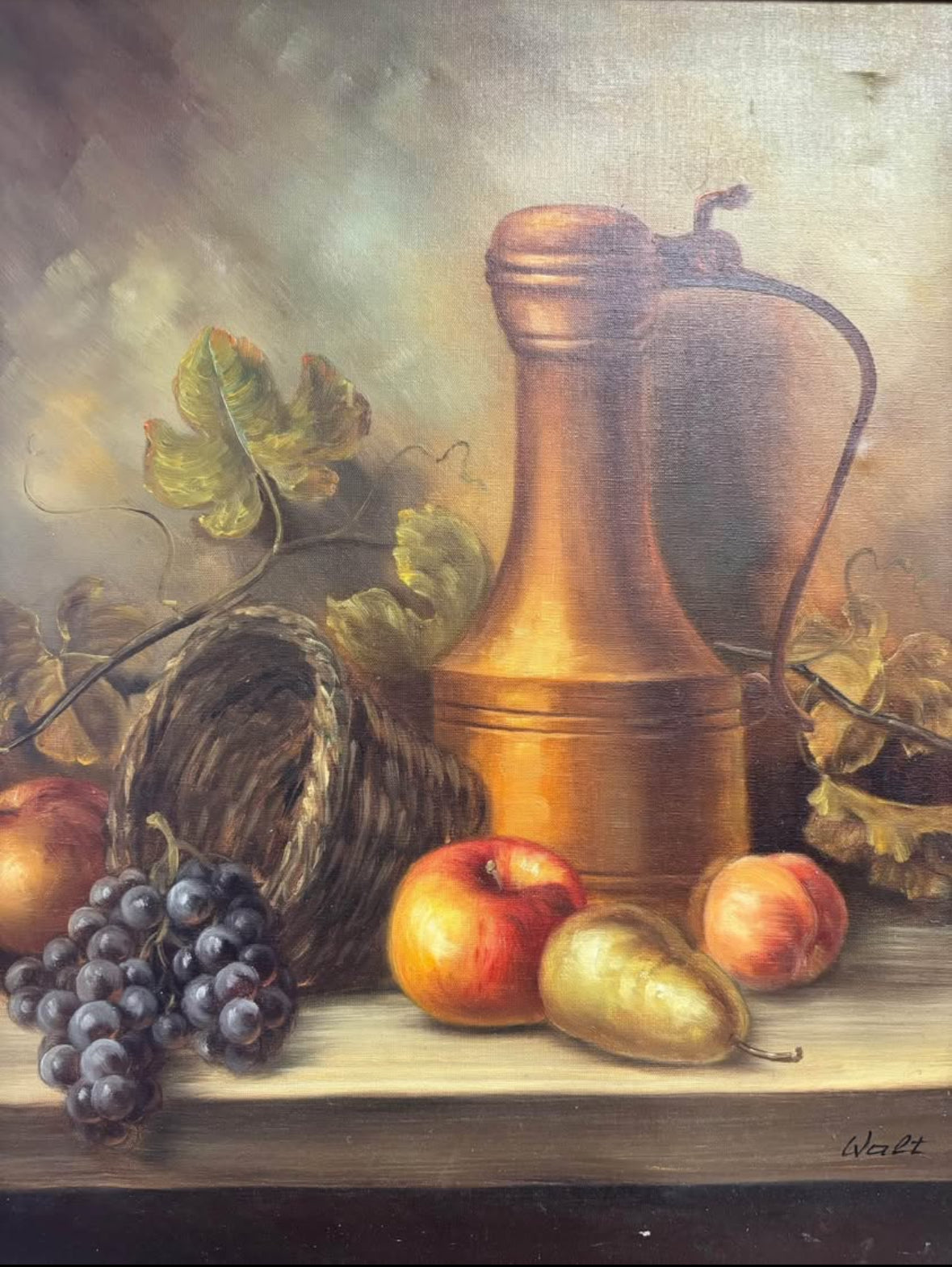 Vintage Oil painting Still Life Vase With Basket Of Fruit Signed by “Walt”