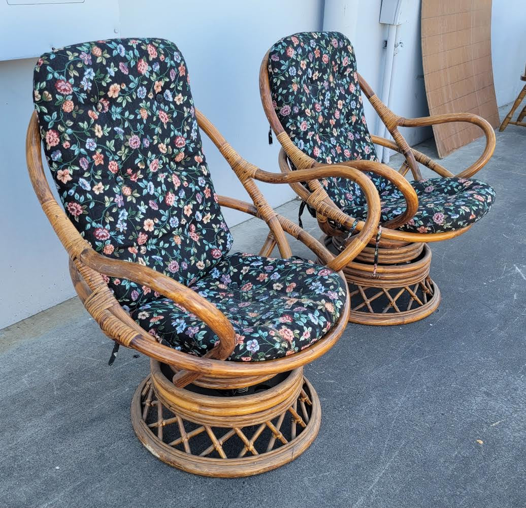 Bamboo wicker/rattan/cane black floral armchairs (2) set swivel/rocking