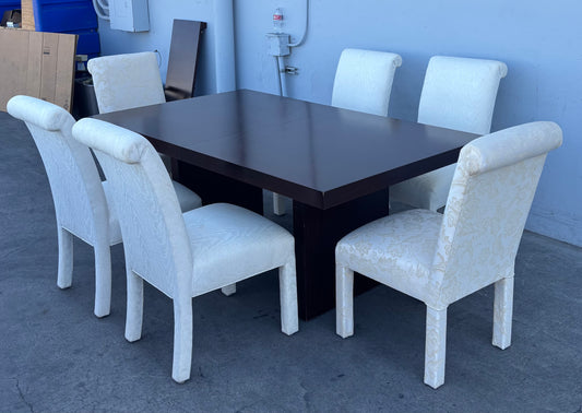 Dining set dark wood table with 6 white floral chairs and leaf