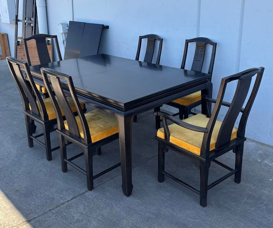 Vintage Asian Modern Black Mid Century Style Lacquer Dining Table with 6 Chairs Yellow Cushions