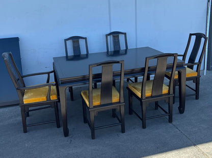 Vintage Asian Modern Black Mid Century Style Lacquer Dining Table with 6 Chairs Yellow Cushions