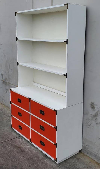 White bookcase/bookshelf with 6 red drawers cabinet