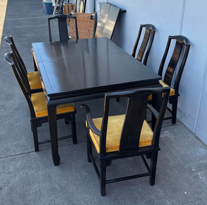 Vintage Asian Modern Black Mid Century Style Lacquer Dining Table with 6 Chairs Yellow Cushions