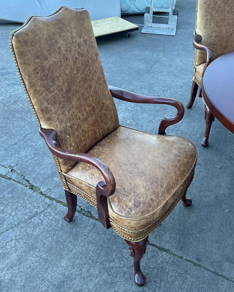 Round Cherry Table with 4 Hickory Chairs Brown Leather Queen Anne Style
