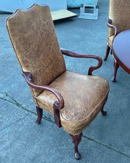Round Cherry Table with 4 Hickory Chairs Brown Leather Queen Anne Style