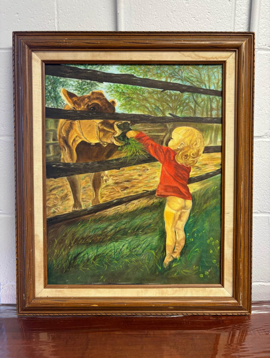 “Little Kid Feeding Cow” oil Framed Painting