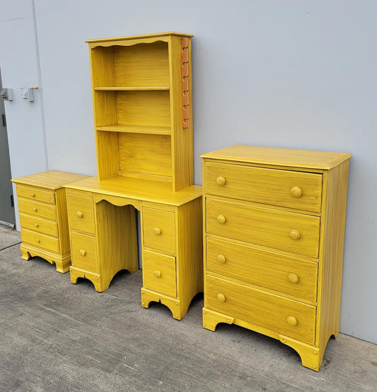 yellow bedroom set highboy dresser , desk with hutch and nightstand