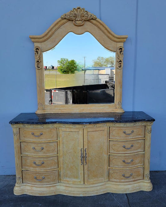 Antique/vintage dresser with mirror black marble top light wood