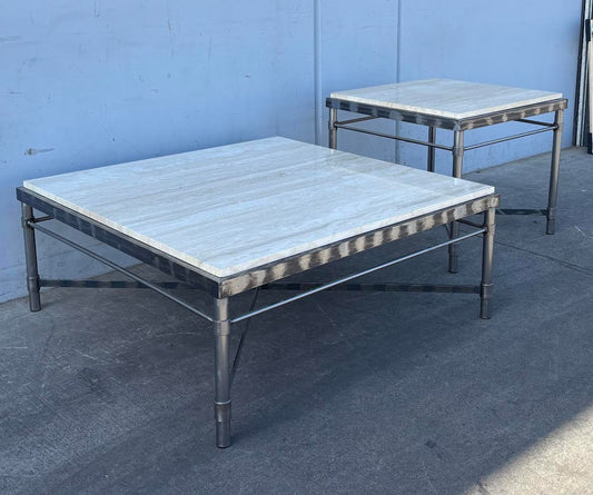 Matching Stone Top Wrought Iron Leg Side Tables Coffee Table