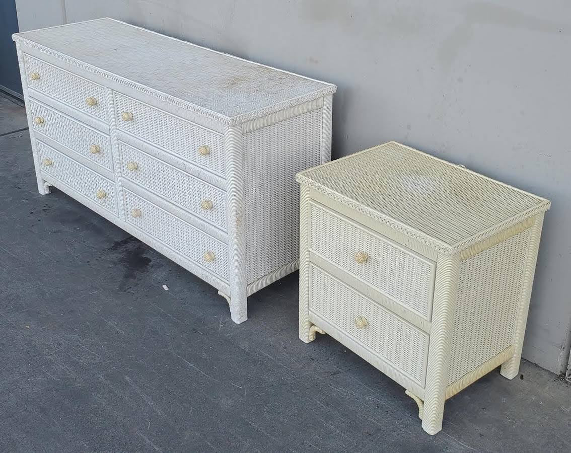 Antique/vintage Henry Link white/cream wicker dresser and nightstand set