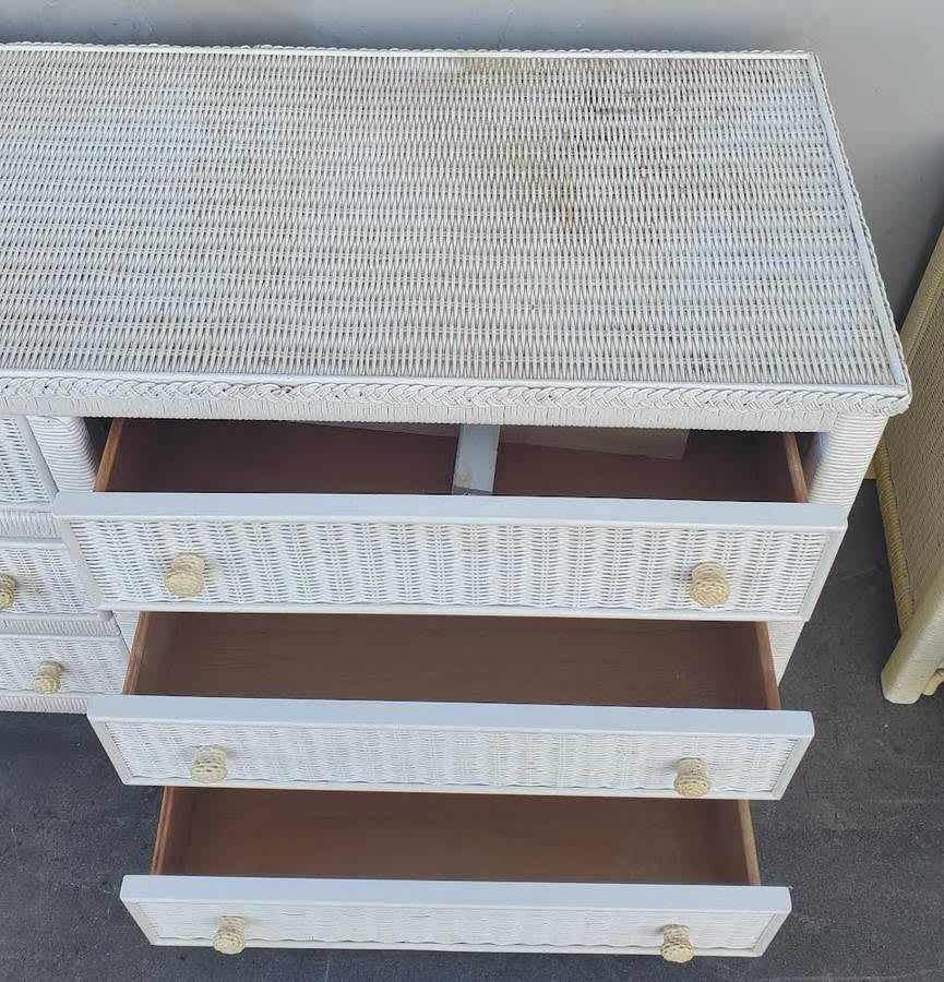 Antique/vintage Henry Link white/cream wicker dresser and nightstand set