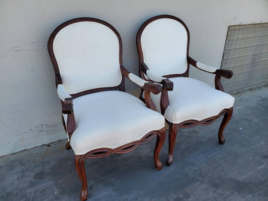 Armchairs (2) dark wood white cushioned seat  French provincial/queen Anne legs style