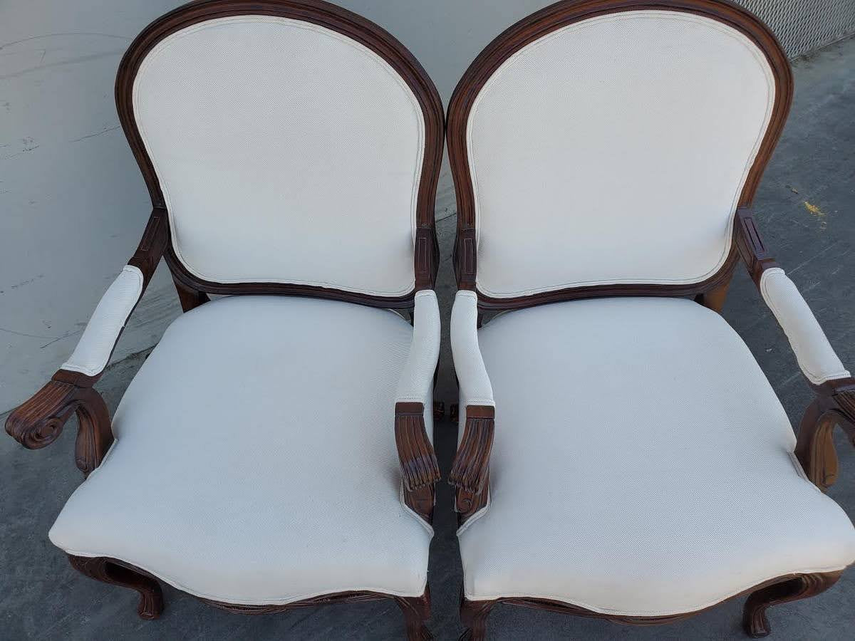 Armchairs (2) dark wood white cushioned seat  French provincial/queen Anne legs style