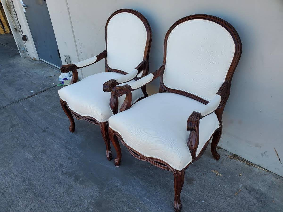 Armchairs (2) dark wood white cushioned seat  French provincial/queen Anne legs style