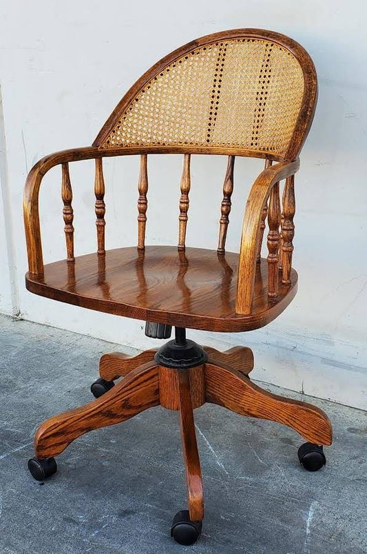 Office rolling chair round wooden wicker back