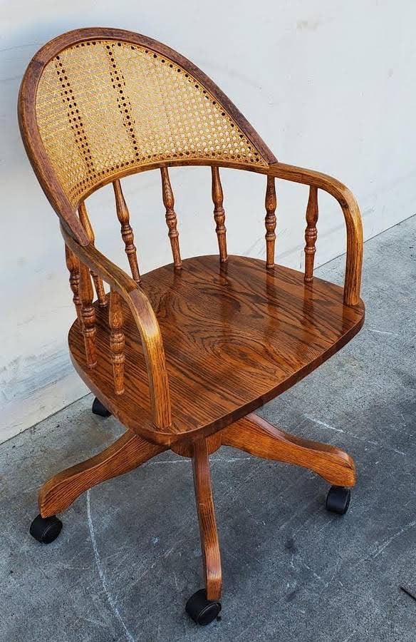 Office rolling chair round wooden wicker back